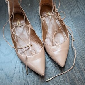 Aquazzura Christy Lace-Up Flats - Biscotto / Nude Leather - Size 37.5